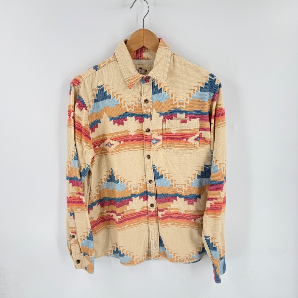 Hollister Flannel Shirt Tan M Southwestern Aztec Tribal Button Down Indie Earthy